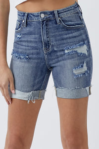 Full Size Distressed Rolled Denim Shorts with Pockets