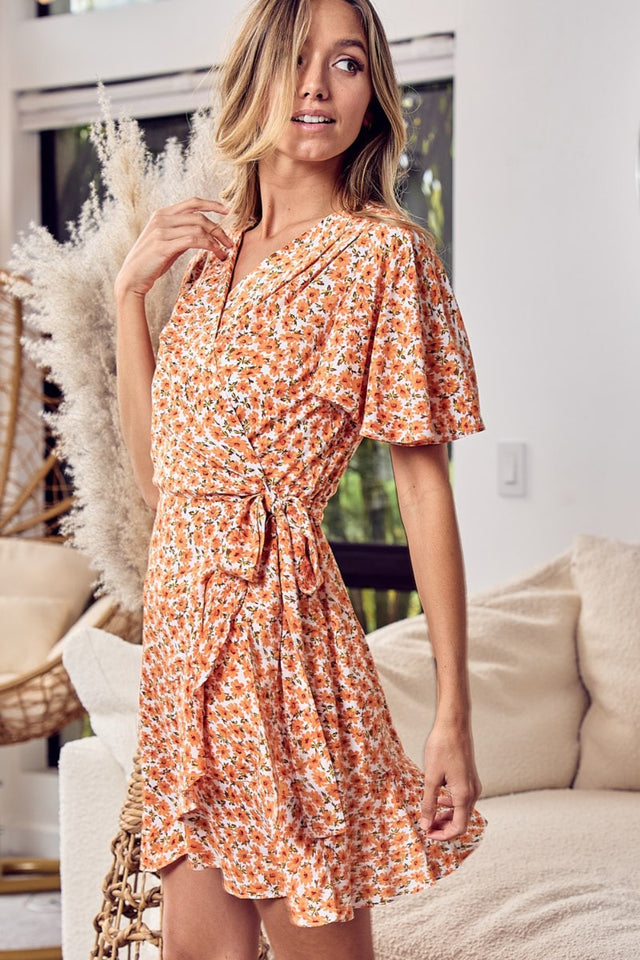 Floral Short Sleeve Mini Wrap Dress